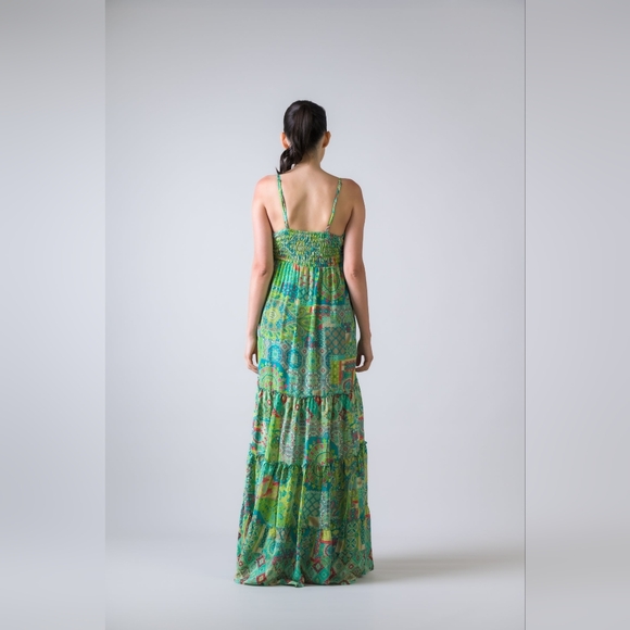 Green Patterned Maxi Dress with V-Neck Spaghetti Straps - Picture 2 of 3